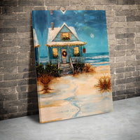 Snowy Seaside Cottage Oil Painting Print, Coastal Christmas Beach House Canvas Wall Art, Nautical Holiday Decor, Digital Download