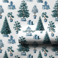 Blue and White Holiday Gift Wrap, Chinoiserie Christmas Wrapping Paper, Porcelain Style Tree Wrapping Paper, Elegant Winter Gift Wrap Roll
