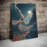 Christmas Wall Art Canvas, Santa Sleigh Flying Over Snow Village Canvas, Holiday Winter Scene Canvas Print