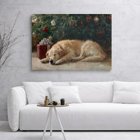 Sleeping Dog Holiday Oil Painting Print, Golden Retriever Christmas Canvas Wall Art, Comfy Dog Digital Download, Xmas Home Decor