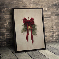 Rustic Christmas Bell Canvas Print, Christmas Jingle Bell Wall Art, Farmhouse Christmas Pine Decor, Holiday Print, Digital Download Poster