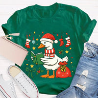 Humorous Holiday Bookworm Goose Shirt, Christmas Goose Reading Book T-Shirt, Adorable Winter Reading Tee, Book Lover Christmas Present T-Shirt