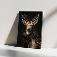 Vintage Winter Stag Red Velvet Bow Poster, Christmas Deer Canvas Wall Art, Holiday Animal Digital Download Print, Rustic Xmas Home Decor