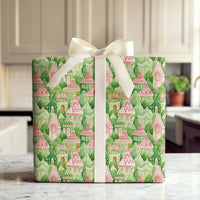 Pink Fairy Tale House Gift Wrap, Watercolor Christmas Village Wrapping Paper, Whimsical Holiday Wrapping Paper, Festive Winter Gift Wrap