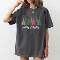 Pink and Green Hand-Drawn Tree Graphic Tee, Merry Christmas T-Shirt, Adorable Holiday Xmas Shirt, Festive Winter Apparel Present