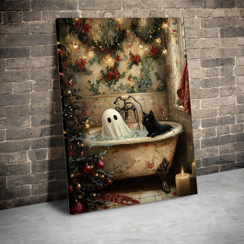 Holiday Bathtub Scene Poster, Ghost and Black Cat Christmas Canvas Wall Art, Spooky Festive Cat Decor, Digital Download