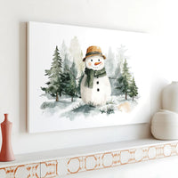 Winter Forest Christmas Canvas Print, Watercolor Snowman Canvas Art, Holiday Wall Decor, Seasonal Winter Landscape Canvas Wall Art