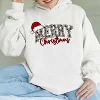 Leopard Print Santa Hat Sweatshirt, Merry Christmas Hoodie, Adorable Festive Holiday Hooded Pullover, Comfy Winter Xmas Season Apparel for Women