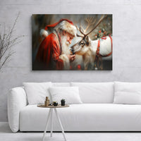 Christmas Santa Claus Reindeer Print, Santa Claus and Reindeer Canvas Wall Art, Comfy Holiday Santa Wall Decor, Winter Scene Canvas