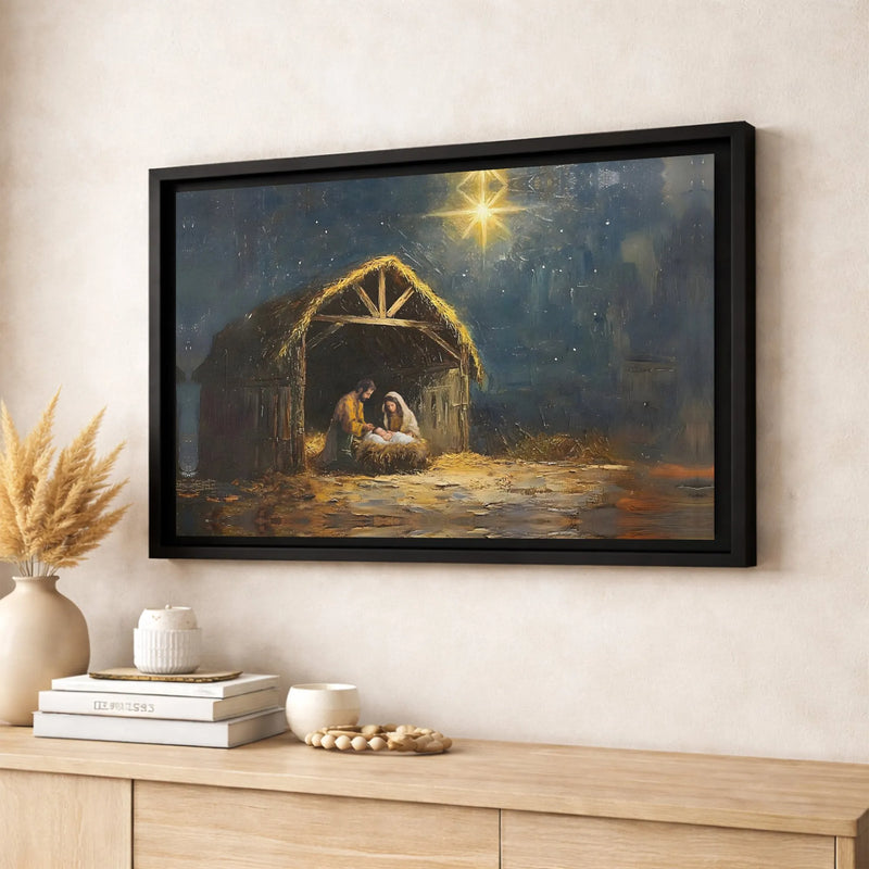 Christian Christmas Wall Art, Holy Family Nativity Scene Canvas Print, Bethlehem Manger Oil Painting Decor, Religious Holiday Present