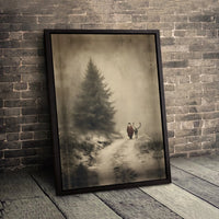 Winter Forest Canvas Print, Vintage Santa Claus with Reindeer Canvas Wall Art, Holiday Christmas Canvas Decor, Rustic Xmas Wall Art Present