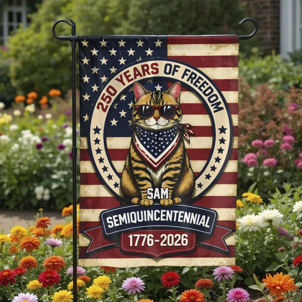 Patriotic Cat Garden Flag | 250 Years of Freedom Semiquincentennial 1776-2026 Design | Double-Sided Weather-Resistant Polyester | Gift for Cat Lovers and Americana Fans