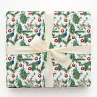 Pine Branch Bird Gift Wrap, Watercolor Peacock Christmas Wrapping Paper, Red Ornament Wrapping Paper, Elegant Winter Holiday Wrapping Paper