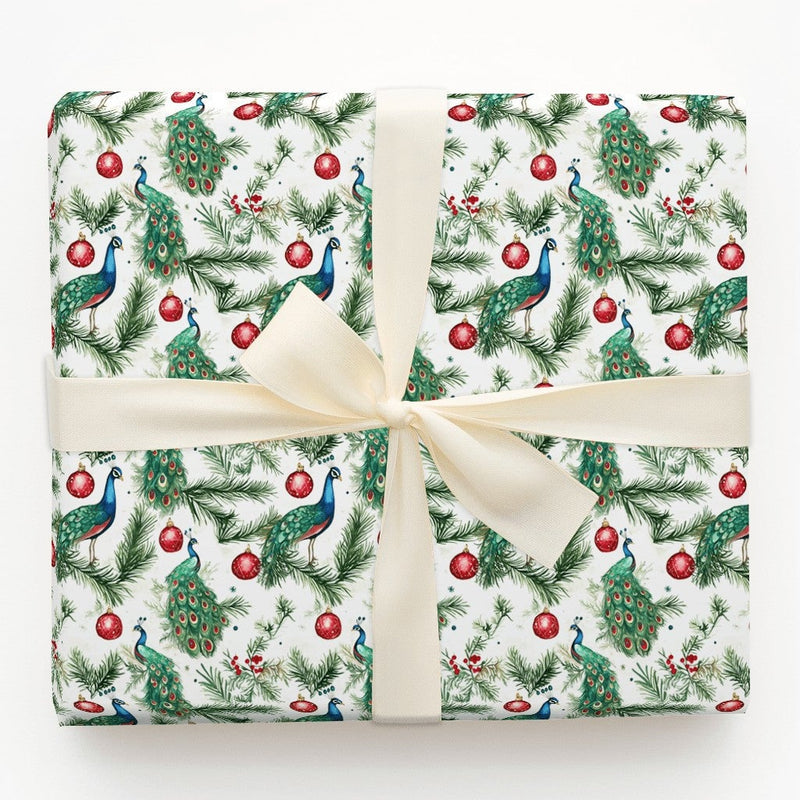 Pine Branch Bird Gift Wrap, Watercolor Peacock Christmas Wrapping Paper, Red Ornament Wrapping Paper, Elegant Winter Holiday Wrapping Paper