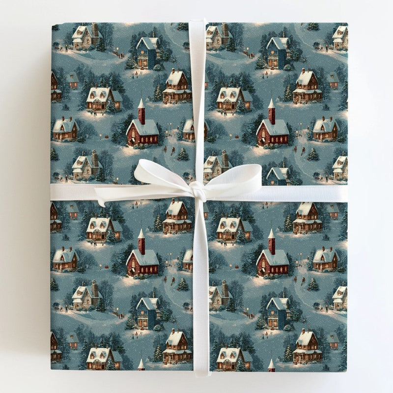 Vintage Christmas Gift Wrap, Snowy Village Wrapping Paper, Winter Town Present Paper, Comfy Holiday Gift Wrap Roll, Nostalgic Xmas Wrapping