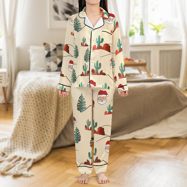 Desert Santa Holiday Pajamas, Cactus Christmas Pajama Set, Western Festive Satin Pajamas, Long Sleeve Xmas Loungewear, Presen