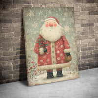 Whimsical Holiday Holly Canvas Print, Vintage Santa Claus Canvas Wall Art, Christmas Canvas Decor, Winter Home Wall Art, Xmas Holiday Present
