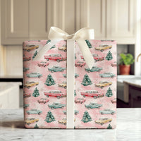 Retro Winter Tree Holiday Wrapping Paper, Vintage Pink Christmas Car Wrapping Paper, Pastel Xmas Gift Wrap Roll, Snowy Seasonal Present Wrap
