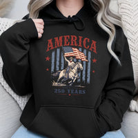 America 250 Years Hoodie | Vintage Cowboy on Horseback with American Flag Art | Soft Cotton-Polyester Blend | Patriotic Gift for History Enthusiasts