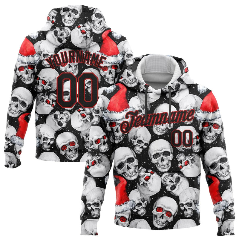 Personalized Xmas Hoodie, Custom Skull Santa Hat Christmas Hoodie, Holiday Skull Pullover Hoodie, Custom Christmas Sweatshirt, Present for Men