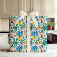 Tropical Palm Tree Gift Wrap, Coastal Christmas Village Wrapping Paper, Seaside Lighthouse Holiday Gift Wrapping Paper, Beach Present Wrap