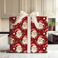 Vintage Christmas Gift Wrap, Jolly Santa Claus Wrapping Paper, Winking Santa Holiday Wrapping Paper, Red Poinsettia Gift Wrap Roll