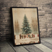 Children in Snowy Forest Canvas, Vintage Christmas Tree Canvas Print, Winter Wonderland Wall Art, Retro Holiday Wall Decor, Xmas Canvas Art