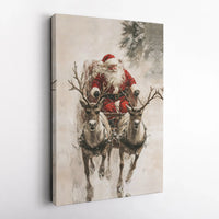 Rustic Christmas Canvas Print, Santa Claus Reindeer Sleigh Canvas Wall Art, Holiday Painting Wall Art, Festive Winter Home Decor Present