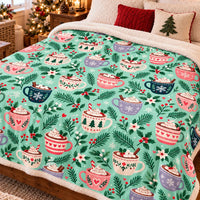 Marshmallow Candy Cane Sherpa Throw Blanket, Mint Hot Cocoa Mugs Christmas Blanket, Retro Holiday Cocoa Fleece Blanket, Comfy Winter Present