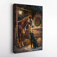 Snowy Christmas Stable Winter Scene Print, Horse and Labrador Canvas Wall Art, Holiday Farmhouse Decor, Digital Download