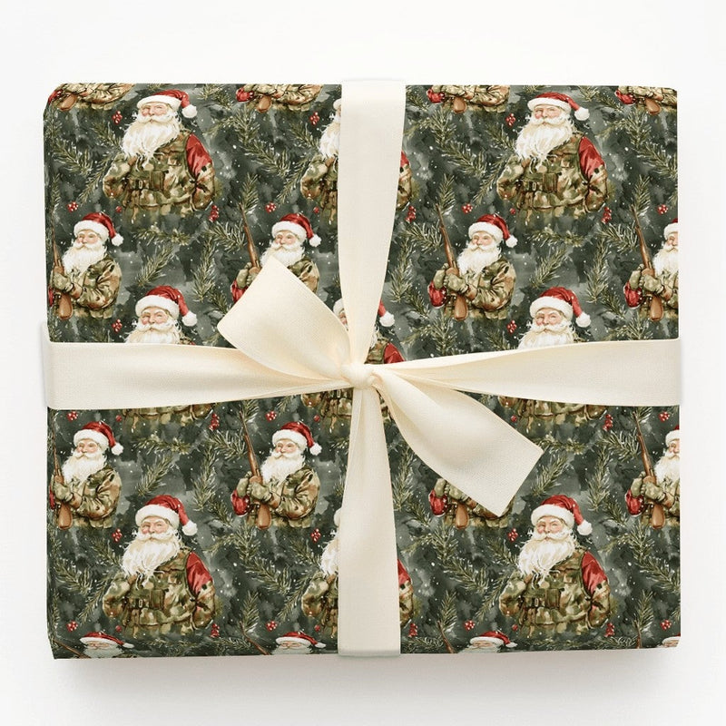 Camo Santa with Rifle Gift Wrap, Hunting Santa Christmas Wrapping Paper, Outdoorsman Holiday Wrapping Paper, Rustic Winter Wrapping Paper