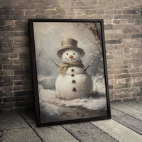 Rustic Winter Forest Holiday Print, Vintage Snowman Canvas Art, Farmhouse Christmas Snowman Wall Decor, Digital Download Holiday Art