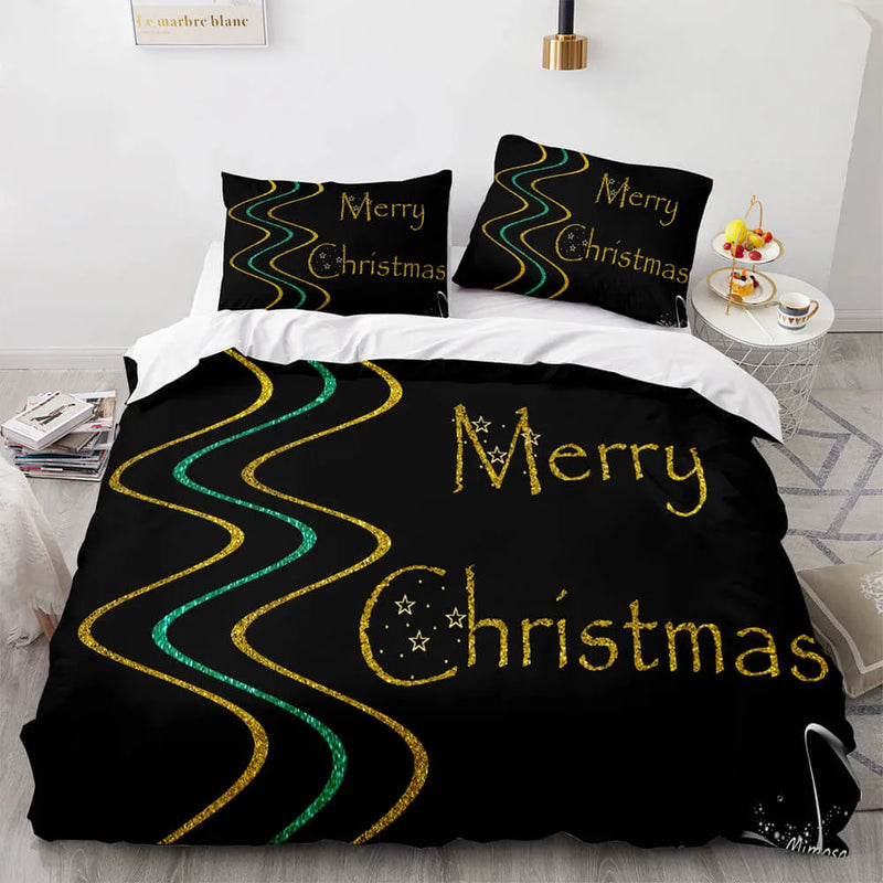 Black Gold Green Xmas Bedding Set, Merry Christmas Duvet Cover Set, Holiday Quilt Cover, Festive Comforter Cover, Winter Home Decor