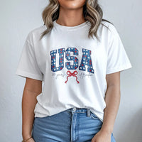 USA 250 Years of Freedom T-Shirt | Patriotic Star-Filled Varsity Leters with Coquette Bow | Soft Breathable Cotton Tee | Gift for July 4th Patriots