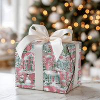 Pastel House Holiday Gift Wrap, Pink Winter Village Wrapping Paper, Whimsical Snowman Christmas Wrapping Paper, Comfy Winter Gift Wrap