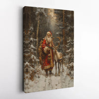 Snowy Forest Reindeer Canvas Print, Vintage Santa Claus Canvas Art, Retro Christmas Holiday Wall Art, Rustic Winter Scene Canvas Decor