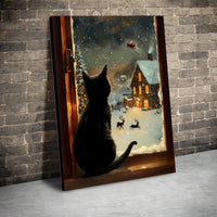 Santa Sleigh Window Canvas Print, Black Cat Christmas Canvas Wall Art, Comfy Holiday Cat Canvas, Winter Xmas Canvas, Cat Lover Present Decor