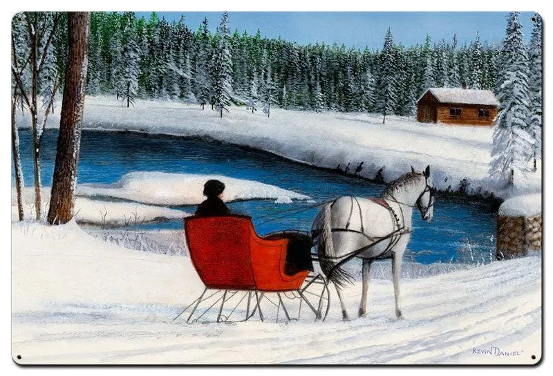 Vintage Winter Scene Sign, Sleigh Ride by a Stream Metal Sign, Snowy Holiday Wall Sign, Rustic Christmas Cabin Decor, Winter Wall Art
