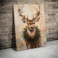 Festive Holiday Deer Canvas Print, Christmas Reindeer Canvas Wall Art, Rustic Winter Wreath Canvas Art, Farmhouse Holiday Decor Present