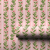 Watercolor Holly Berry Gift Wrap, Pink Christmas Wrapping Paper, Pink Striped Holiday Present Paper, Festive Vine Christmas Wrapping Paper