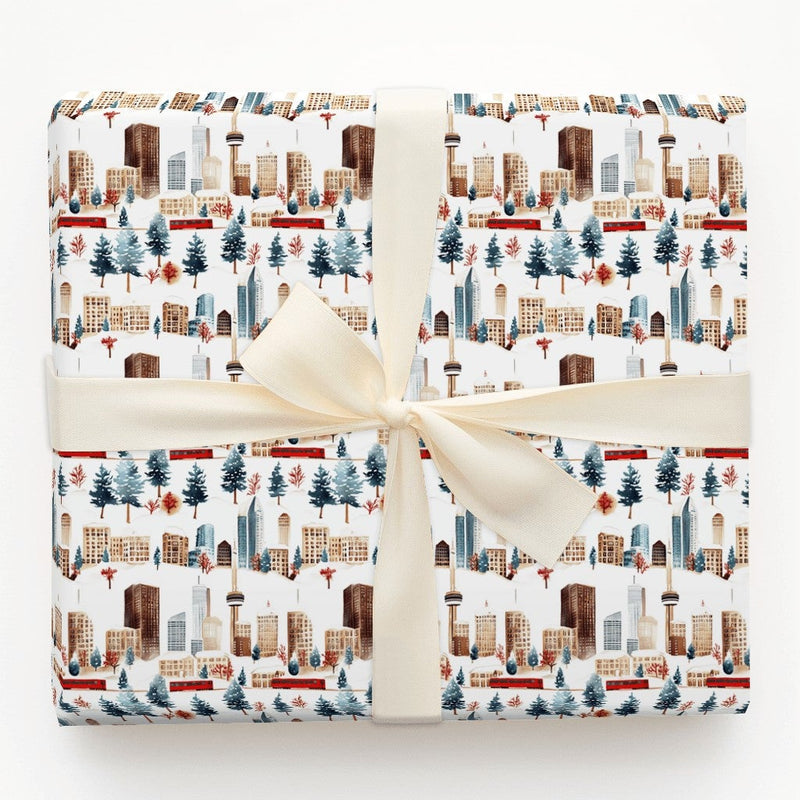 Watercolor Winter Cityscape Gift Wrap, Toronto CN Tower Wrapping Paper, Canadian Streetcar Wrapping Paper, Christmas Holiday Wrapping Paper