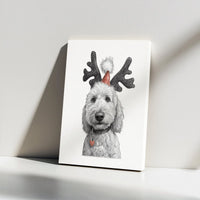 Dog Reindeer Antlers Sketch Print, Goldendoodle Christmas Canvas Wall Art, Holiday Puppy Canvas Portrait, Dog Lover Digital Download