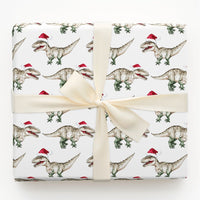Santa Hat Dinosaur Gift Wrap, Watercolor T-Rex Christmas Wrapping Paper, Adorable Dino Holiday Wrapping Paper, Kids Winter Gift Wrapping Paper