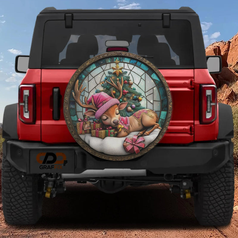 Stained Glass Holiday Tire Cover, Baby Reindeer Christmas Spare Tire Cover, Festive Deer Wheel Protector, Xmas Vehicle Decor for Jeep SUV