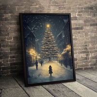 Winter Tree Landscape Christmas Poster, Christmas Village Snowy Night Wall Art, Festive Holiday Home Decor, Digital Download Print