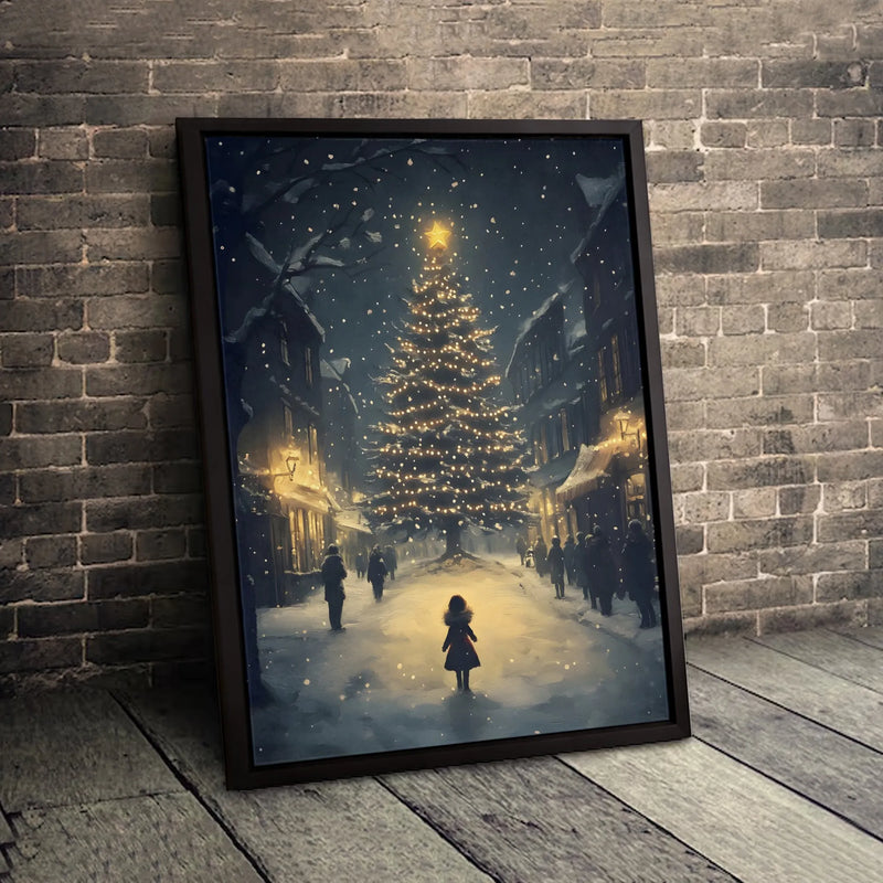 Snowy Night Illuminated Tree Wall Art, Christmas Village Canvas Print, Winter Holiday Canvas Art, Festive Xmas Canvas Decor, Christmas Present