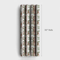 Snowy Pine Tree Holiday Gift Wrap Roll, Vintage Green Train Christmas Wrapping Paper, Retro Winter Present Paper, Kids Xmas Gift Wrap