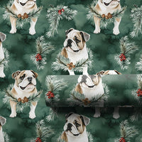 Festive Green Dog Christmas Gift Wrap, English Bulldog Pine Wreath Wrapping Paper, Watercolor Bulldog Holiday Wrapping Paper, Pet Lover Wrap