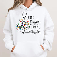 Nurse Christmas Hoodie, Shine Bright Like a Call Light Hoodie, Nurse Stethoscope Tree Hooded Sweatshirt, RN Holiday Pullover, Nurse Present