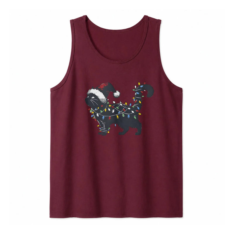 Black Cat Christmas Lights Tank, Christmas Cat Tank Top, Santa Hat Cat Sleeveless Tee, Humorous Holiday Cat Tank, Cat Lover Xmas Present